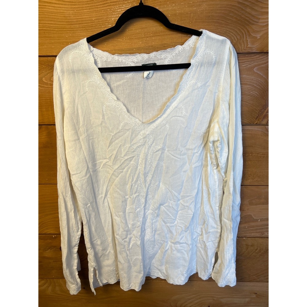 J. Crew White Embroidered‎ Cotton Top V Neck Long Sleeve Blouse Medium Chic Boho